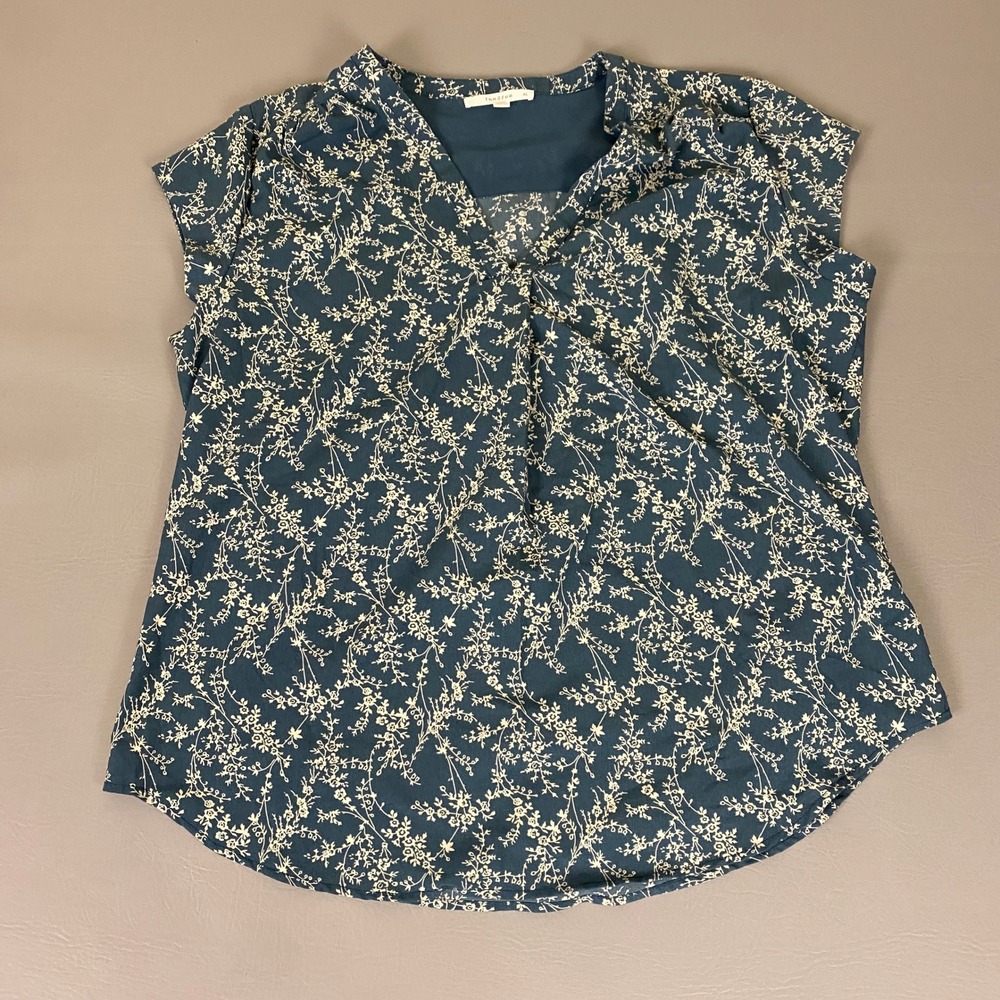 fun2fun Blouse Women's Size XL Teal Blue Floral Cap Sleeve V-Neck‎ Ligthweight